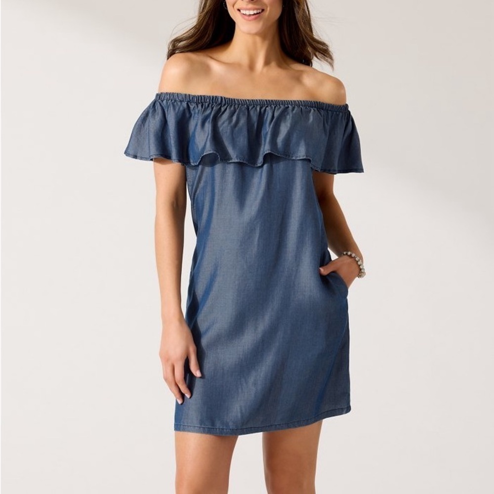 TOMMY BAHAMA Chambray Coverup Ruffle Mini Dress Blue S